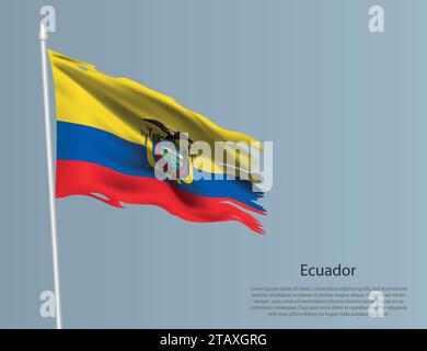 Bandiera nazionale infuocata dell'Ecuador. Tessuto ondulato strappato su sfondo blu. Illustrazione vettoriale realistica Illustrazione Vettoriale