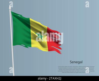 Bandiera nazionale infuocata del Senegal. Tessuto ondulato strappato su sfondo blu. Illustrazione vettoriale realistica Illustrazione Vettoriale