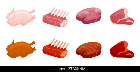 Carne barbecue fritta. Piatti da festa, affettati cotti e crudi di stagione. Ingredienti del menu Steakhouse, piatti freschi isolati da cartoni animati, set vettoriale neoterico Illustrazione Vettoriale