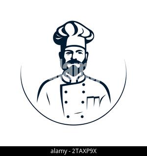 Chef in un cappello da cucina vettore profilo logo. Cucina semplice icona nera. Illustrazione Vettoriale