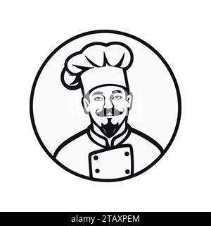 Chef in un cappello da cucina vettore profilo logo. Cucina semplice icona nera. Illustrazione Vettoriale