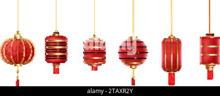 Lanterne asiatiche realistiche. lanterna cinese 3d o giapponese per il festival di capodanno, lampada di carta rossa appesa ornamento orientale di forma rotonda, decorazione chinatown decoro vettoriale decorativo decente di lanterna cinese Illustrazione Vettoriale