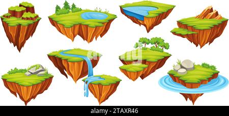 Isole di terra volante. Ambiente di gioco di avventura galleggiante, terra roccia isola vuota natura pianeta terra, livello di gioco mappa run platform bridge, illustrazione vettoriale isola paesaggio fantasy Illustrazione Vettoriale