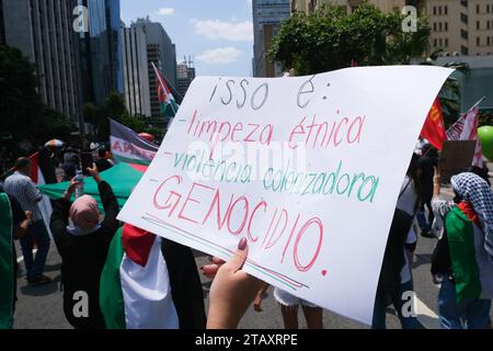 3 dicembre 2023: Tenendo striscioni con i colori nazionali e gli slogan urlanti, centinaia di persone partecipano a una manifestazione per la Palestina in Paulista Avenue a San Paolo questa domenica, 3 dicembre 2023. Israele ha ripreso a bombardare la Striscia di Gaza domenica, nonostante la crescente pressione internazionale per la protezione della popolazione civile e la ripresa della tregua con il gruppo terroristico Hamas. La tregua, mediata dal Qatar con l'aiuto degli Stati Uniti e dell'Egitto, è entrata in vigore il 24 novembre dopo più di un mese di guerra ed è scaduta venerdì, quando l'esercito israeliano ha ripreso i bombardamenti Foto Stock