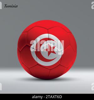 Pallone da calcio 3d realistico con bandiera tunisina sullo sfondo dello studio, modello di banner calcio Illustrazione Vettoriale