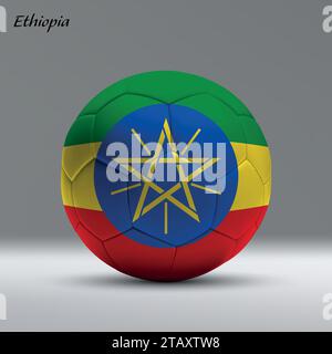 Pallone da calcio 3d realistico con bandiera dell'Etiopia sullo sfondo dello studio, modello di banner calcio Illustrazione Vettoriale