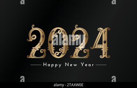 Modern Luxury Happy New Year 2024 New Year è un testo lettering per l'anno 2024 per felice anno nuovo e buon Natale Illustrazione Vettoriale