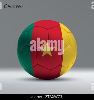 Pallone da calcio 3d realistico con bandiera del Camerun sullo sfondo dello studio, modello di banner calcio Illustrazione Vettoriale