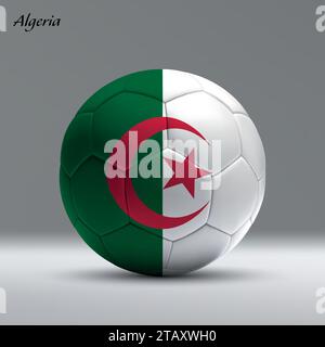 Pallone da calcio 3d realistico con bandiera algerina sullo sfondo dello studio, modello di banner calcio Illustrazione Vettoriale