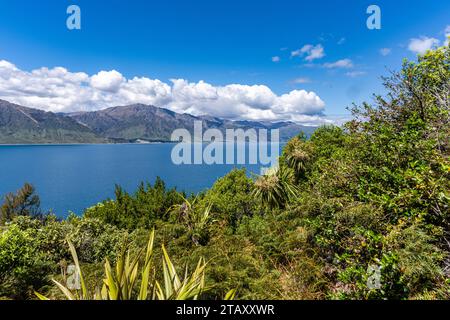 Vista del lago Wanaka da Wanaka e dalle aree panoramiche. Foto Stock