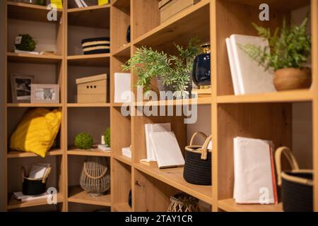 I ripiani aperti per mobili nel soggiorno, l'ufficio sono pieni di varie cose. Ordine in casa. Foto Stock