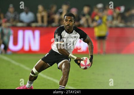 DUBAI, Emirati Arabi Uniti, 3 dicembre 2023. Azione dal torneo Emirates Dubai Rugby 7s 2023. La nuova Zelanda ha battuto le Figi 17-12 vincendo la medaglia di bronzo maschile Foto Stock