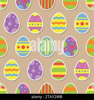 Motivo senza cuciture con icone di adesivi con uova di pasqua in stile piatto. Illustrazione vettoriale per il design delle vacanze di Pasqua. Illustrazione Vettoriale