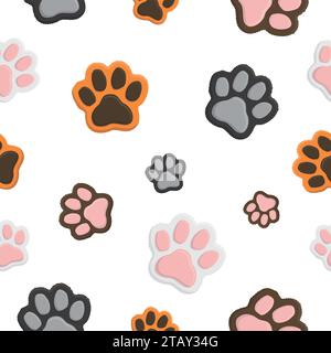 Motivo animale senza cuciture impronta Paw in stile cartone animato piatto. Zampe di gatto su sfondo bianco. Illustrazione Vettoriale