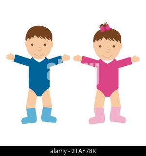 Simpatici baby boy e baby girl isolati su sfondo bianco. Bambini in stile piatto. Illustrazione vettoriale Illustrazione Vettoriale