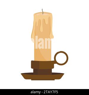 Candela di cera paraffinica in un candelabro isolato su sfondo bianco. Candela spenta con supporto in stile cartone animato. Illustrazione vettoriale Illustrazione Vettoriale