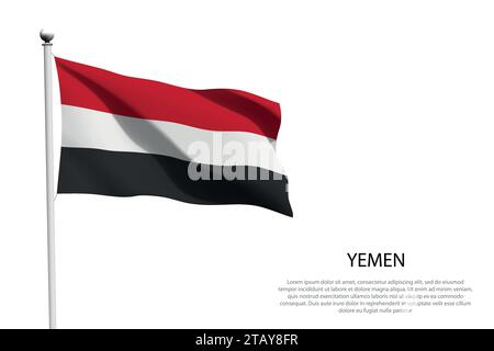 Bandiera nazionale dello Yemen isolato che sventola su sfondo bianco Illustrazione Vettoriale