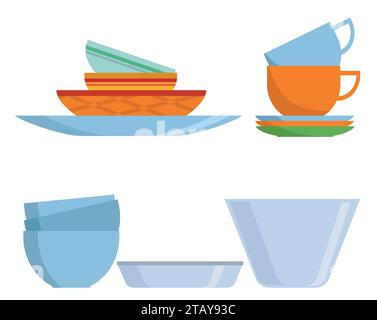Icona del set di pentole in stile piatto. Piatti colorati isolati su sfondo bianco. Posate per la casa da cucina, tazze e piastra in ceramica. Stoviglie e crocchette Illustrazione Vettoriale