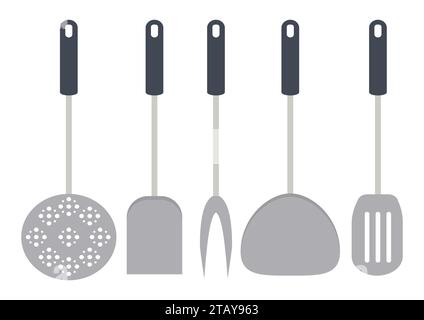 Utensili da cucina e utensili da ristorante isolati su sfondo bianco. Spatola, frusta, forchetta, mestolo, affettatrice di formaggio, skimmer e sieve. Illustrazione vettoriale Illustrazione Vettoriale