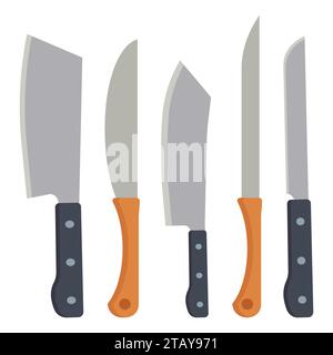 Set di diversi tipi di coltelli isolati su sfondo bianco. Coltello da cucina piatto, utensili da cucina. Illustrazione vettoriale degli utensili da cucina Illustrazione Vettoriale