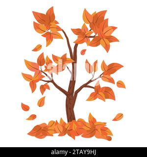 Albero autunnale con foglie cadenti isolato su sfondo bianco. Mucchio di foglie. Illustrazione vettoriale Illustrazione Vettoriale