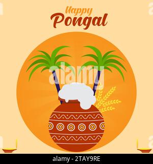 Happy Pongal augura un'illustrazione vettoriale di benvenuto. Il Thai Pongal Festival è un festival indù di più giorni celebrato dai Tamil in tutto il mondo Illustrazione Vettoriale