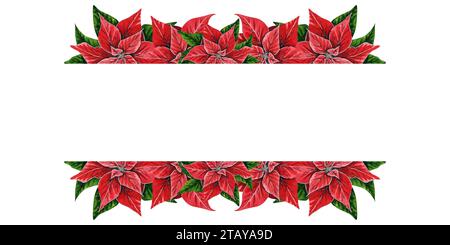 Cornice ad acquerello natalizio con fiori di poinsettia, illustrazione ad acquerello dipinta a mano isolata su bianco. Illustrazione floreale per decorazione natalizia Foto Stock