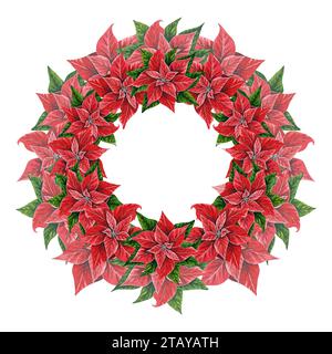 Corona di Natale con fiori di poinsettia, illustrazione ad acquerello disegnata a mano isolata su bianco. Cornice rotonda con illustrazione floreale per Natale Foto Stock