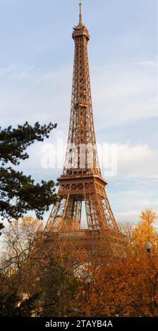 La famosa Torre Eiffel e gli alberi autunnali in primo piano, Parigi, Francia. Foto Stock