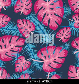 Motivo vettoriale senza cuciture con foglie tropicali colorate. Sfondo floreale estivo carino, luminoso e divertente in elegante stile rosa blu. Foglie della giungla, esotiche Illustrazione Vettoriale