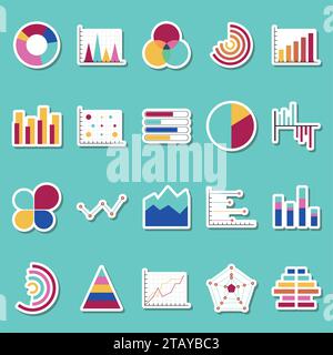 Icone dei grafici dei dati aziendali e degli adesivi. Adesivi per grafici finanziari e di marketing. Elementi di mercato diagrammi e grafici a torta a barre. Affari Illustrazione Vettoriale