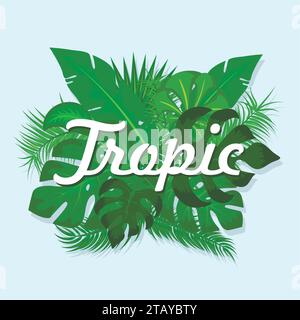 Foglie di palma e piante della giungla con testo tropico isolato su sfondo azzurro. Composizione dei rami. Poster esotico estivo. Illustrazione vettoriale. Illustrazione Vettoriale