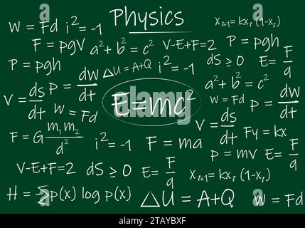 E uguale a mc Square ed equazioni fisiche sulla scheda verde illustrazione vettoriale emc2 Illustrazione Vettoriale