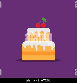 Torta con icona piatta color crema su sfondo viola. Buon compleanno e matrimonio. Torta glassata con ciliegia. Dolce torta di panna. Illustrazione vettoriale Illustrazione Vettoriale
