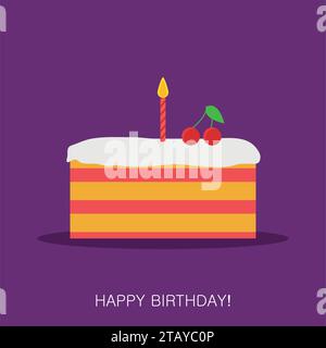 Torta di compleanno con icona piatta color crema su sfondo viola. Torta glassata con candela e ciliegia. Dolce torta di panna. Illustrazione vettoriale Illustrazione Vettoriale