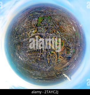 Luftbild, Ortsansicht Wohngebiet Gartenstadt Welheim, Ortsteil Boy umgeben von herbstlichen Laubbäumen, Erdkugel, Fisheye Aufnahme, Fischaugen Aufnahme, 360 Grad Aufnahme, piccolo mondo, piccolo pianeta, fisheye Bild, Welheim, Bottrop, Ruhrgebiet, Nordrhein-Westfalen, Deutschland ACHTUNGxMINDESTHONORARx60xEURO *** Vista aerea, vista locale area residenziale giardino città Welheim, distretto ragazzo circondato da alberi decidui autunnali, globo terrestre, immagine fisheye, immagine a 360 gradi, mondo minuscolo, piccolo pianeta, immagine fisheye, Welheim, Bottrop, area della Ruhr, Renania settentrionale-Vestfalia, Germania ACHTUNGxMINDESTHONORARx60 Foto Stock