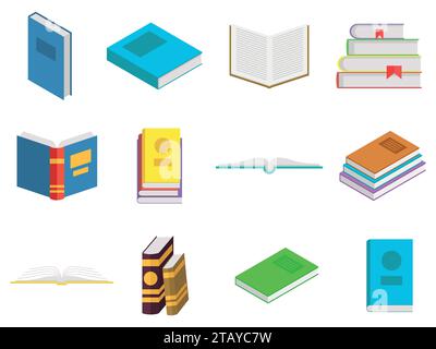 Icone dei libri colorate in stile piatto. Libri in una pila, aperti, in gruppo, chiusi. Leggere, imparare e ricevere istruzione attraverso i libri. Illustrazione Vettoriale