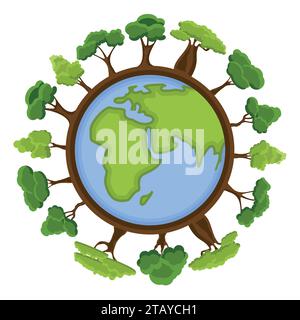 Concetto di ecologia con Eco Terra verde e alberi. Cartoni animati pianeta Terra globo con elementi ambientali intorno. Illustrazione vettoriale ecocompatibile. Illustrazione Vettoriale