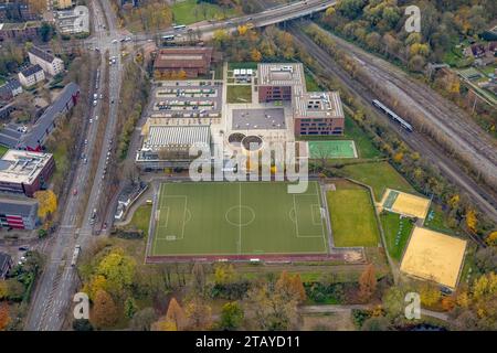 Luftbild, Heisenberg Gymnasium mit Sportplatz am Nordpark, umgeben von herbstlichen Laubbäumen, Gladbeck, Ruhrgebiet, Nordrhein-Westfalen, Deutschland ACHTUNGxMINDESTHONORARx60xEURO *** Vista aerea, Heisenberg Gymnasium con campo sportivo a Nordpark, circondato da alberi decidui autunni Foto Stock