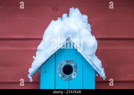 Scatola per uccelli blu dipinta di luce coperta di neve. Foto Stock