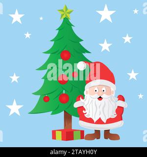 Immagine in stile cartone animato di Babbo Natale in piedi accanto a un albero di Natale con un regalo sotto l'albero. Cartolina di Natale o banner Illustrazione Vettoriale