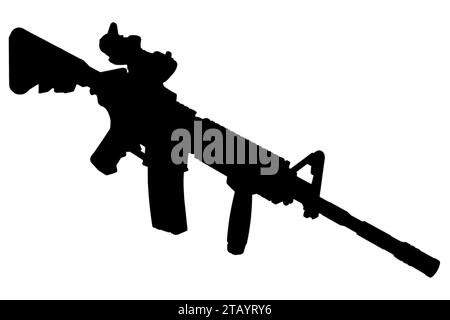 M4 Carbine con vista ottica e silhouette nera in primo piano Foto Stock