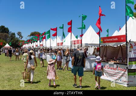 Mercatino natalizio all'aperto con stallholders e bandiere, Narrabeen, Sydney, NSW, Australia 2023 Foto Stock