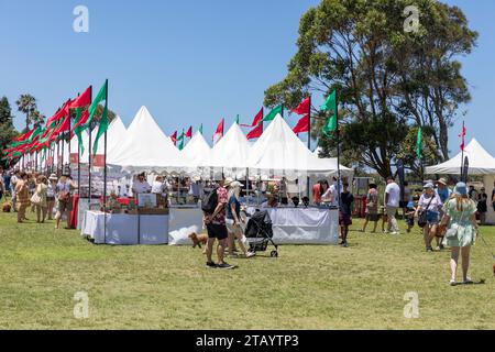 Mercatino natalizio all'aperto con stallholders e bandiere, Narrabeen, Sydney, NSW, Australia 2023 Foto Stock