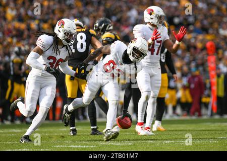 Pittsburgh, Pennsylvania, USA. 3 dicembre 2023. Il 3 dicembre 2023 la safety Andre Chachere degli Arizona Cardinals (36) e il wide receiver Greg Dortch (83) festeggiano dopo un rigore durante gli Arizona Cardinals contro i Pittsburgh Steelers a Pittsburgh, Pennsylvania. Jake Mysliwczyk/AMG Media (immagine di credito: © Jake Mysliwczyk/BMR via ZUMA Press Wire) SOLO USO EDITORIALE! Non per USO commerciale! Foto Stock