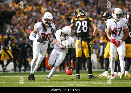 Pittsburgh, Pennsylvania, USA. 3 dicembre 2023. Il 3 dicembre 2023 la safety Andre Chachere degli Arizona Cardinals (36) e il wide receiver Greg Dortch (83) festeggiano dopo un rigore durante gli Arizona Cardinals contro i Pittsburgh Steelers a Pittsburgh, Pennsylvania. Jake Mysliwczyk/AMG Media (immagine di credito: © Jake Mysliwczyk/BMR via ZUMA Press Wire) SOLO USO EDITORIALE! Non per USO commerciale! Foto Stock