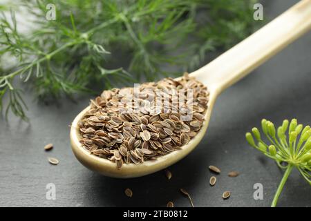 Cucchiaio con semi secchi e aneto fresco sul tavolo nero, primo piano Foto Stock