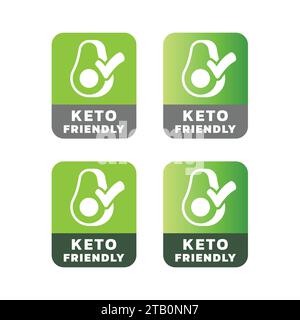 Keto Friendly con avocado ed etichetta con segno di spunta. Adesivo vettore dieta Keto. Illustrazione Vettoriale