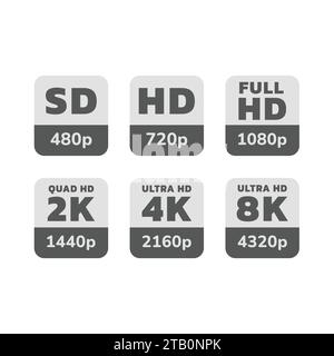 Set di adesivi per le risoluzioni dello schermo Full HD e Ultra HD. Adesivi ed etichette 4K, 8K e 1080p. Illustrazione Vettoriale