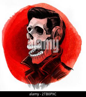 Scheletro umano nelle cuffie. Disegno a mano con inchiostro e acquerello Foto Stock